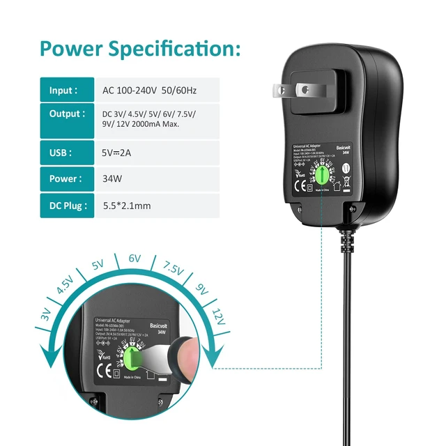 Alt view image 4 of 7 - 34W Universal AC Adapter Multi Voltage Power Supply DC 4.5V 7.5V 5V 9V 12V with a 5V 2A USB Port, Adjustable Power Supply, 2A Max, DC Power Adapter Charger Cord, Multiple Tips, 5.5mm x 2.1mm