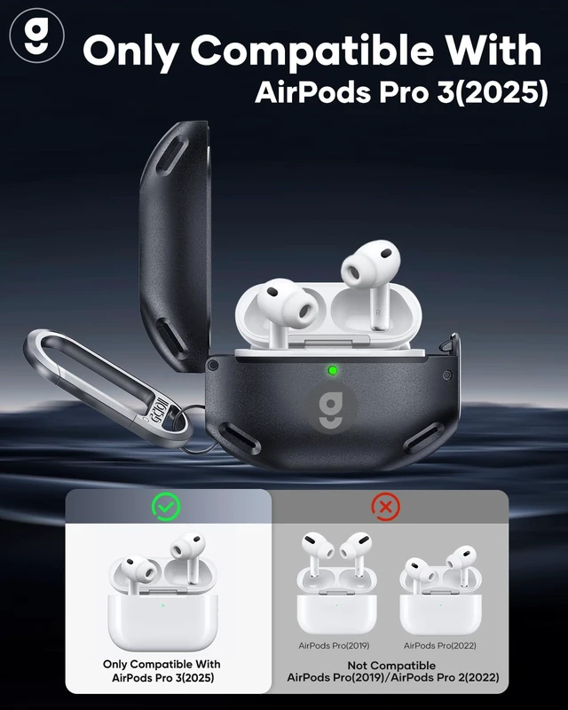 Alt view image 2 of 6 - for AirPods Pro 3 Case, IP68 Waterproof, Lock & Carabiner, Black Heavy-Duty Shockproof, Dustproof & Drop-Proof Case Accessories for AirPods Pro 3rd Generation 2025