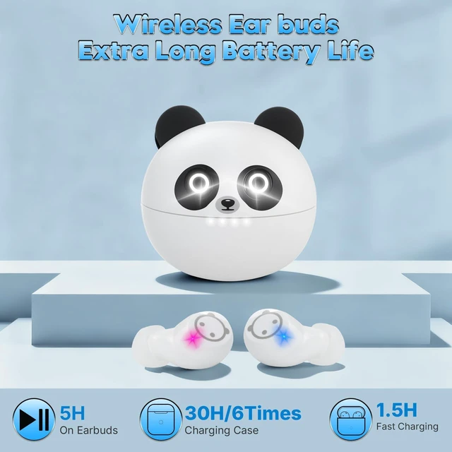 Alt view image 2 of 7 - Wireless Earbuds, Bluetooth 5.3 Earpods HiFi Bass Stereo, Headphones Wireless Bluetooth, Kids Headphones Long Playtime, Earbuds with Microphone, Ear buds with Multifuntional Touch Screen(White Panda)
