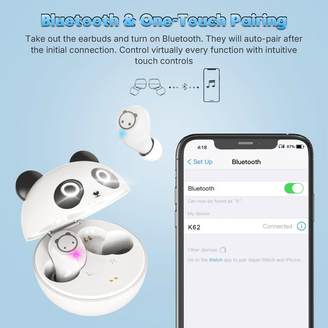 Alt view image 6 of 7 - Wireless Earbuds, Bluetooth 5.3 Earpods HiFi Bass Stereo, Headphones Wireless Bluetooth, Kids Headphones Long Playtime, Earbuds with Microphone, Ear buds with Multifuntional Touch Screen(White Panda)