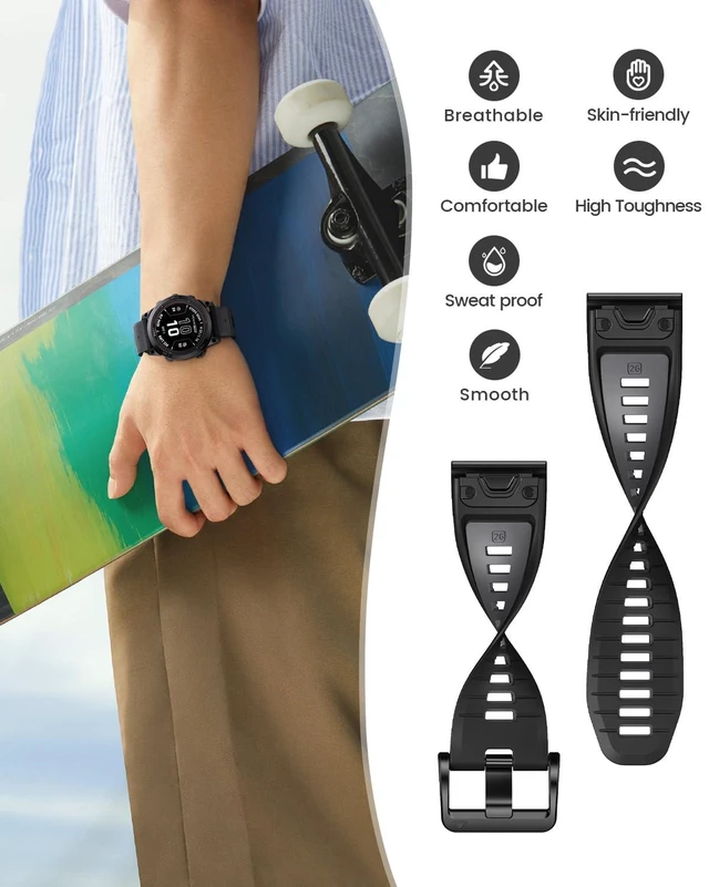 Alt view image 4 of 7 - for Fenix 7X Pro/6X Pro Band for Fenix 6X Strap Fenix 7X Band 26mm Width Fenix 5X Plus Wristband for Descent Mk2i/tactix Delta/tactix 7 Pro/tactix 7 AMOLED Soft Silicone Watch(Black-Gray)