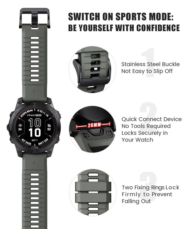 Alt view image 2 of 7 - for Fenix 7X Pro/6X Pro Band for Fenix 6X Strap Fenix 7X Band 26mm Width Fenix 5X Plus Wristband for Descent Mk2i/tactix Delta/tactix 7 Pro Soft Silicone Watch(Pale Green-Black)
