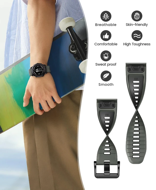 Alt view image 4 of 7 - for Fenix 7X Pro/6X Pro Band for Fenix 6X Strap Fenix 7X Band 26mm Width Fenix 5X Plus Wristband for Descent Mk2i/tactix Delta/tactix 7 Pro Soft Silicone Watch(Pale Green-Black)