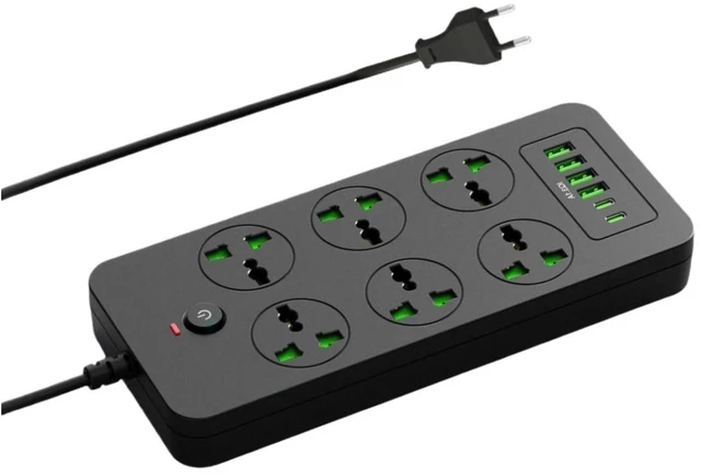 Main image of Power Strip with 6 Universal Outlets 6 USB 3 USB C Ports International Power Adapter Overload Protection Max 3000w 110-240v Home Office Travel Essentials
