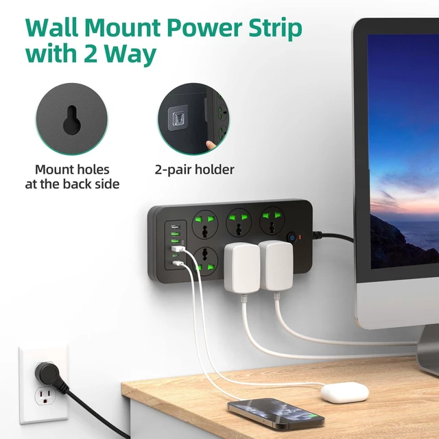 Alt view image 6 of 7 - Power Strip with 6 Universal Outlets 6 USB 3 USB C Ports International Power Adapter Overload Protection Max 3000w 110-240v Home Office Travel Essentials