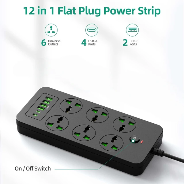 Alt view image 2 of 7 - Power Strip with 6 Universal Outlets 6 USB 3 USB C Ports International Power Adapter Overload Protection Max 3000w 110-240v Home Office Travel Essentials