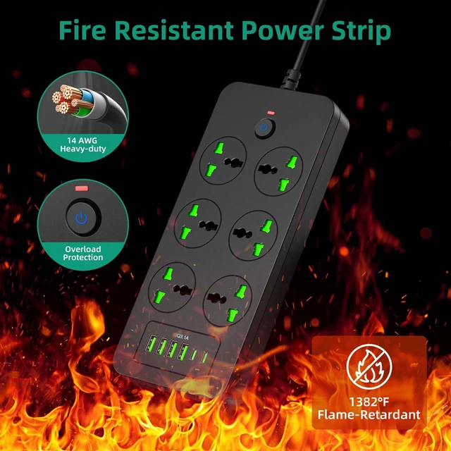 Alt view image 5 of 7 - Power Strip with 6 Universal Outlets 6 USB 3 USB C Ports International Power Adapter Overload Protection Max 3000w 110-240v Home Office Travel Essentials