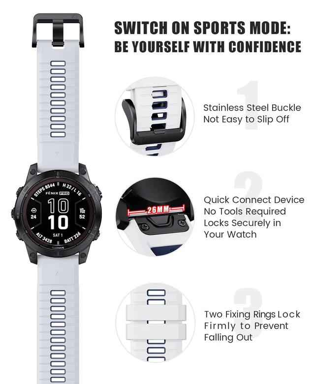 Alt view image 2 of 7 - for Fenix 7X Pro/6X Pro Band for Fenix 6X Strap Fenix 7X Band 26mm Width Fenix 5X Plus Wristband for Decent Mk2i/tactix Delta/tactix 7 Pro/tactix 7 AMOLED Soft Silicone Watch(White-Dark Blue)