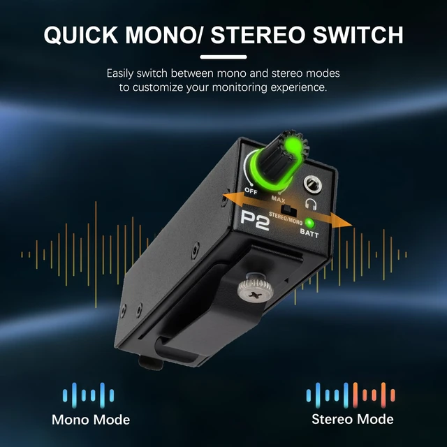 Alt view image 3 of 7 - P2 Portable in-Ear Monitor Amplifier Personal Headphone Amp IEM Amp with XLR/TRS Input 3.5mm Output, Stereo/Mono Switch, 7 Color Light, Belt Clip for Drummer, Guitarists, DIP Switch