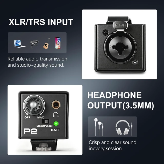 Alt view image 5 of 7 - P2 Portable in-Ear Monitor Amplifier Personal Headphone Amp IEM Amp with XLR/TRS Input 3.5mm Output, Stereo/Mono Switch, 7 Color Light, Belt Clip for Drummer, Guitarists, DIP Switch