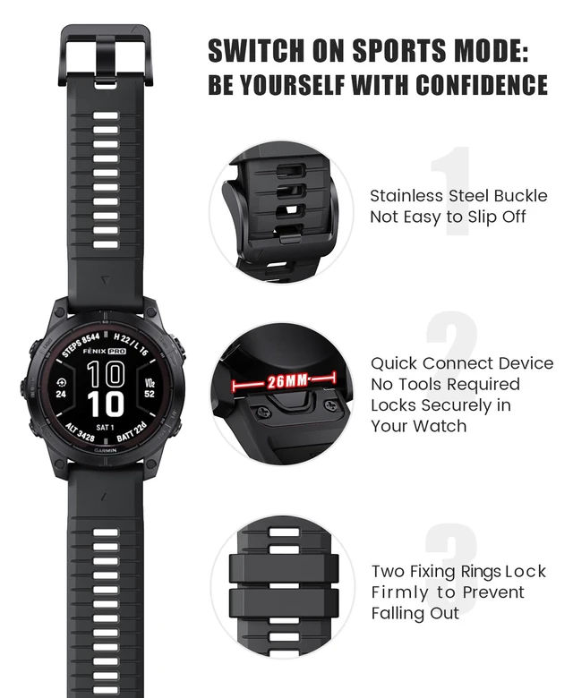 Alt view image 2 of 7 - for Fenix 7X Pro/6X Pro Band for Fenix 6X Strap Fenix 7X Band 26mm Width Fenix 5X Plus Wristband for Descent Mk2i/tactix Delta/tactix 7 Pro/tactix 7 AMOLED Soft Silicone Watch(Black)