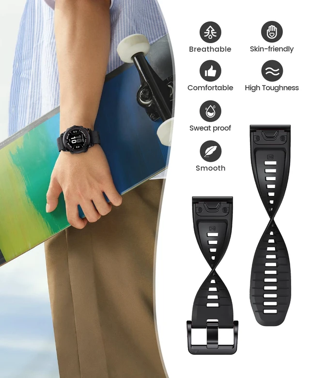 Alt view image 4 of 7 - for Fenix 7X Pro/6X Pro Band for Fenix 6X Strap Fenix 7X Band 26mm Width Fenix 5X Plus Wristband for Descent Mk2i/tactix Delta/tactix 7 Pro/tactix 7 AMOLED Soft Silicone Watch(Black)