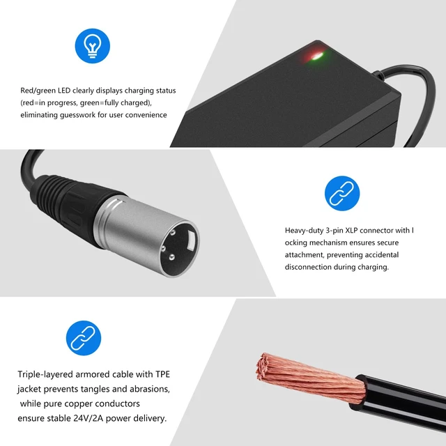 Alt view image 7 of 7 - 24V 2A 3-Pin XLR Connector Charger Substitute for 25.2V 29.4V Vacuum cleaner model E-4.0 4.5 E-4.5, 400 E-400 450 650 500 E500 750 E750