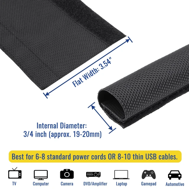 Alt view image 3 of 7 - 3/4" - 6.6Ft Hook and Loop Cable Sleeve, Wire Protector for Pets Flexible braided wire cover; Reversible split wrap; Cord management for TV, USB, audio, PC; Helps deter cat chewing; Black