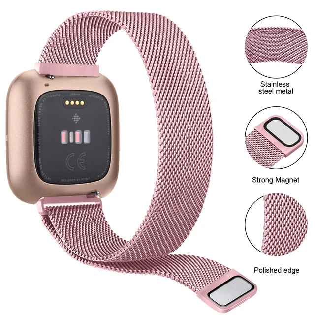Alt view image 2 of 6 - 2 Pack Metal Bands for Fitbit Versa/Fitbit Versa 2 / Fitbit Versa Lite for Women Men, Stainless Steel Mesh Breathable Wristband Strap with Adjustable Magnet Lock