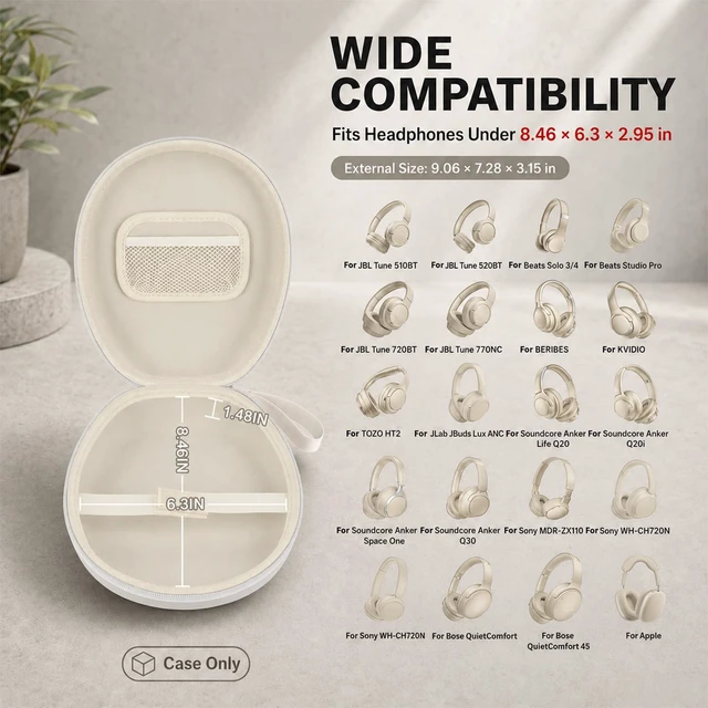 Alt view image 2 of 7 - Hard Headphone Case for JBL/for Sony/for Beats/for Anker for Bose/ for Apple/ for JLab, Elastic Strap, Mesh Pocket, Nylon, Home, Travel, Luggage, Commuting, Case Only, White