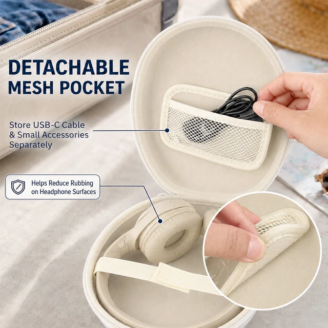 Alt view image 4 of 7 - Hard Headphone Case for JBL/for Sony/for Beats/for Anker for Bose/ for Apple/ for JLab, Elastic Strap, Mesh Pocket, Nylon, Home, Travel, Luggage, Commuting, Case Only, White