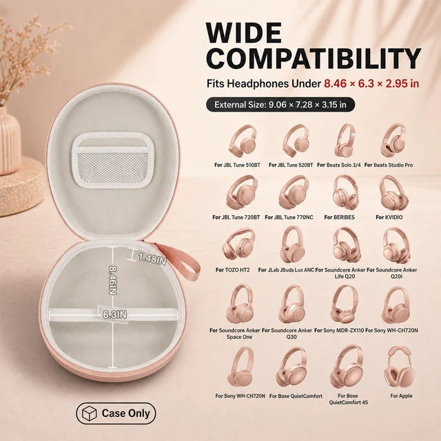 Alt view image 2 of 7 - Hard Headphone Case for JBL/for Sony/for Beats/for Anker for Bose/ for Apple/ for JLab, Elastic Strap, Mesh Pocket, Nylon, Home, Travel, Luggage, Commuting, Case Only, Rose Gold