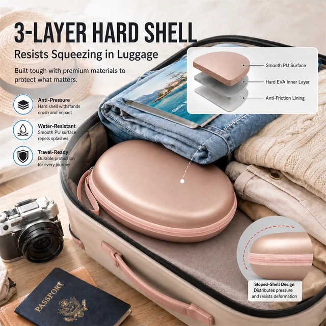 Alt view image 3 of 7 - Hard Headphone Case for JBL/for Sony/for Beats/for Anker for Bose/ for Apple/ for JLab, Elastic Strap, Mesh Pocket, Nylon, Home, Travel, Luggage, Commuting, Case Only, Rose Gold