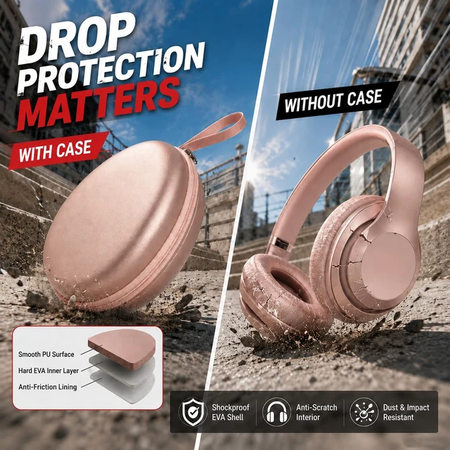 Alt view image 4 of 7 - Hard Headphone Case for JBL/for Sony/for Beats/for Anker for Bose/ for Apple/ for JLab, Elastic Strap, Mesh Pocket, Nylon, Home, Travel, Luggage, Commuting, Case Only, Rose Gold