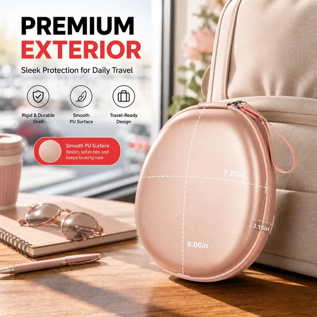Alt view image 5 of 7 - Hard Headphone Case for JBL/for Sony/for Beats/for Anker for Bose/ for Apple/ for JLab, Elastic Strap, Mesh Pocket, Nylon, Home, Travel, Luggage, Commuting, Case Only, Rose Gold