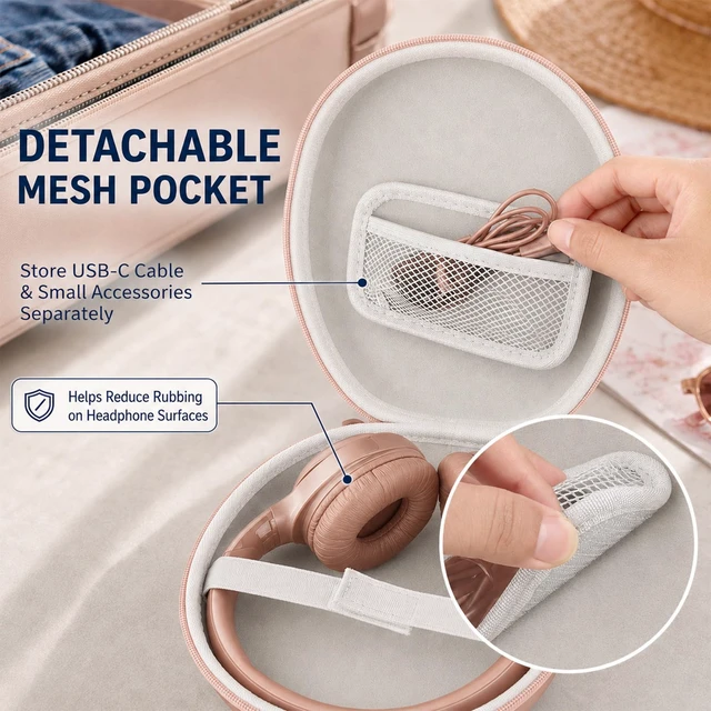 Alt view image 6 of 7 - Hard Headphone Case for JBL/for Sony/for Beats/for Anker for Bose/ for Apple/ for JLab, Elastic Strap, Mesh Pocket, Nylon, Home, Travel, Luggage, Commuting, Case Only, Rose Gold