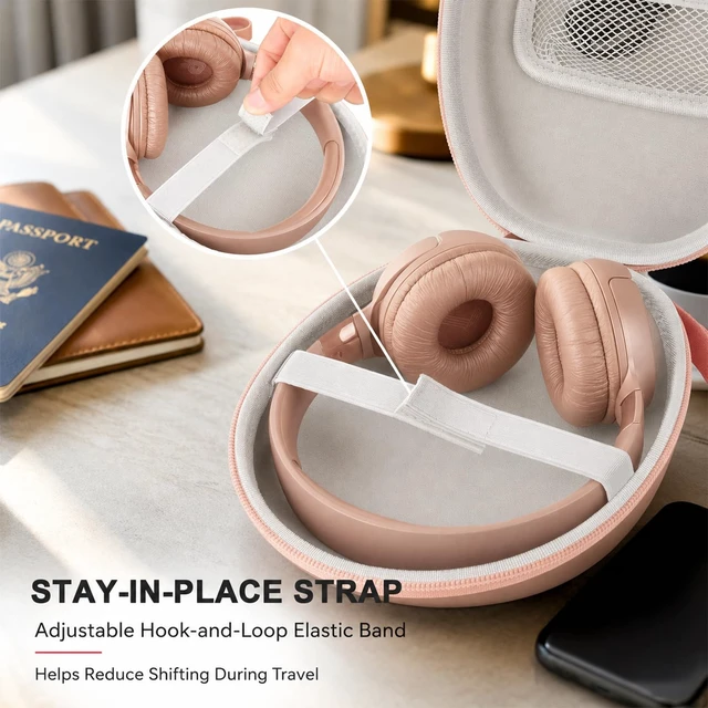 Alt view image 7 of 7 - Hard Headphone Case for JBL/for Sony/for Beats/for Anker for Bose/ for Apple/ for JLab, Elastic Strap, Mesh Pocket, Nylon, Home, Travel, Luggage, Commuting, Case Only, Rose Gold