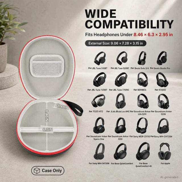 Alt view image 2 of 7 - Hard Headphone Case for JBL/for Sony/for Beats/for Anker for Bose/ for Apple/ for JLab, Elastic Strap, Mesh Pocket, Nylon, Home, Travel, Luggage, Commuting, Case Only, Red Zipper