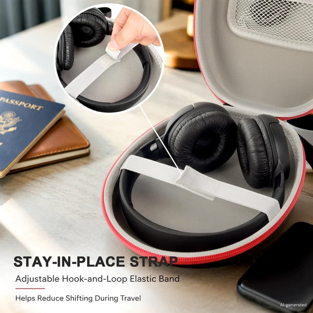 Alt view image 3 of 7 - Hard Headphone Case for JBL/for Sony/for Beats/for Anker for Bose/ for Apple/ for JLab, Elastic Strap, Mesh Pocket, Nylon, Home, Travel, Luggage, Commuting, Case Only, Red Zipper