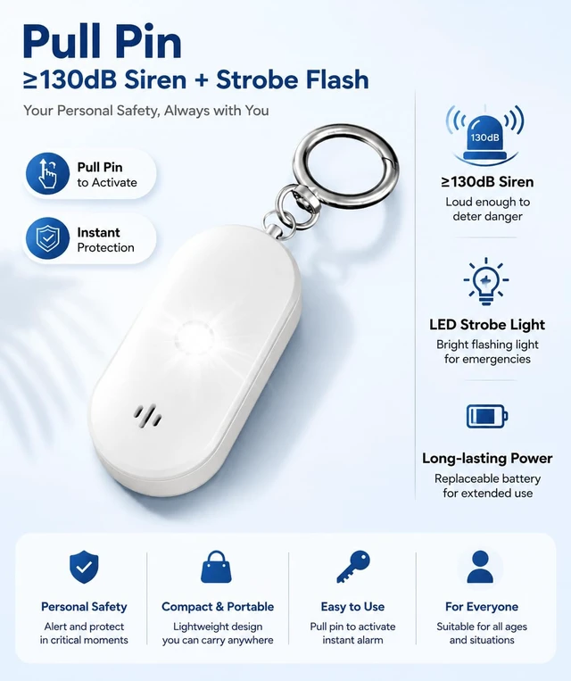 Alt view image 7 of 7 - Personal Safety Alarm for Women, 130dB Rechargeable Keychain Alarm with Bluetooth SOS Alerts, Dual Speakers, Strobe Light, Low Battery Reminder, USB-C Emergency Siren for Travel(White)
