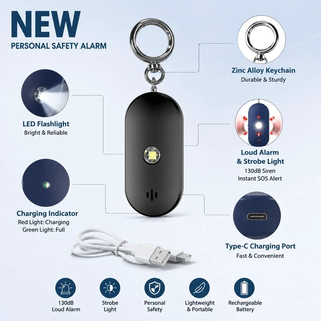 Alt view image 5 of 7 - Personal Safety Alarm for Women, 130dB Keychain Alarm, Black Bluetooth SOS Alerts LED Strobe Light USB-C Rechargeable Silent SOS Mode Low Power Reminder