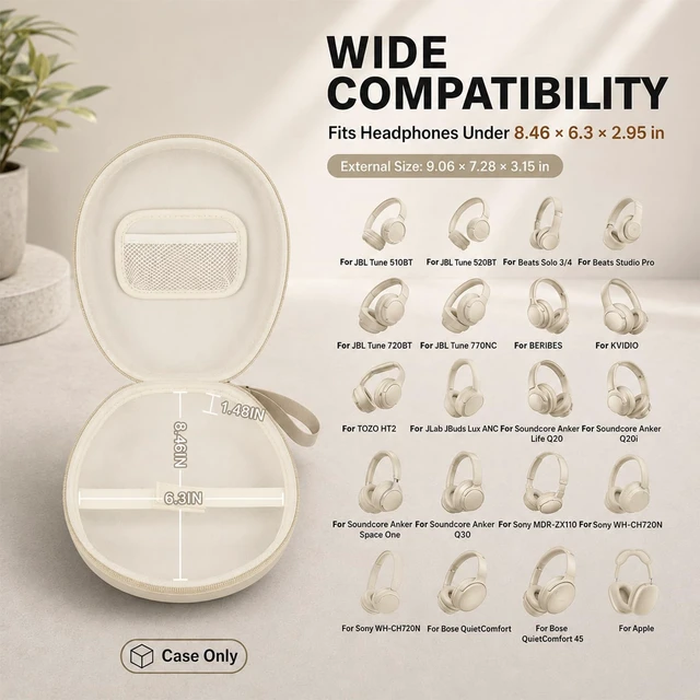 Alt view image 2 of 7 - Hard Headphone Case for JBL/for Sony/for Beats/for Anker for Bose/ for Apple/ for JLab, Elastic Strap, Mesh Pocket, Nylon, Home, Travel, Luggage, Commuting, Case Only, Khaki