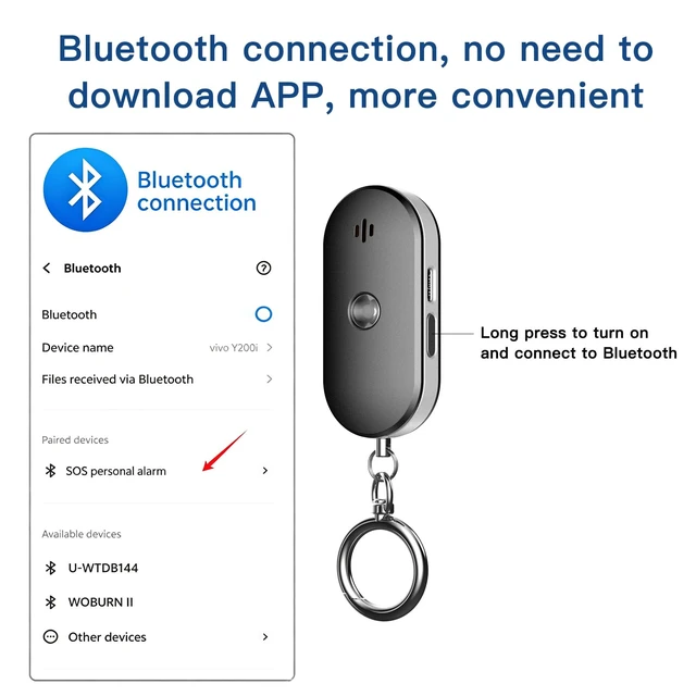 Alt view image 6 of 7 - Personal Safety Alarm for Women, 130dB Keychain Alarm, Black Bluetooth SOS Alerts LED Strobe Light USB-C Rechargeable Silent SOS Mode Low Power Reminder