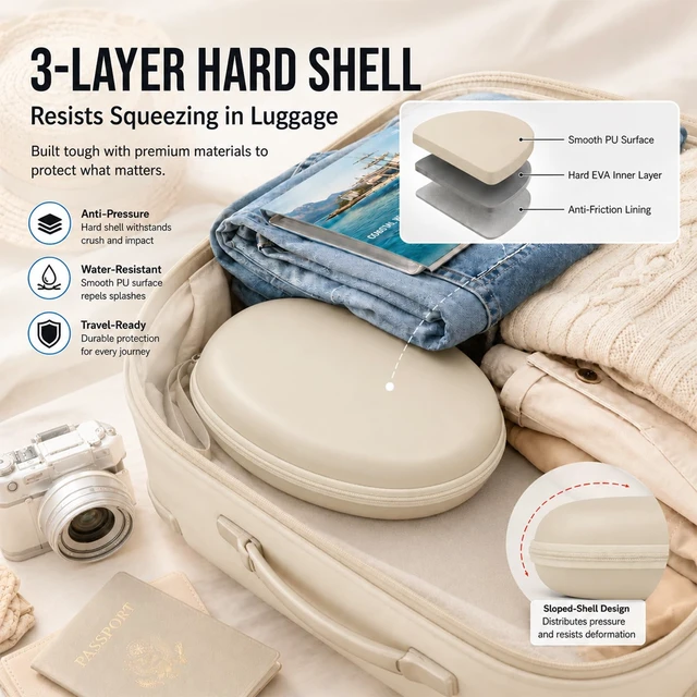 Alt view image 3 of 7 - Hard Headphone Case for JBL/for Sony/for Beats/for Anker for Bose/ for Apple/ for JLab, Elastic Strap, Mesh Pocket, Nylon, Home, Travel, Luggage, Commuting, Case Only, Khaki