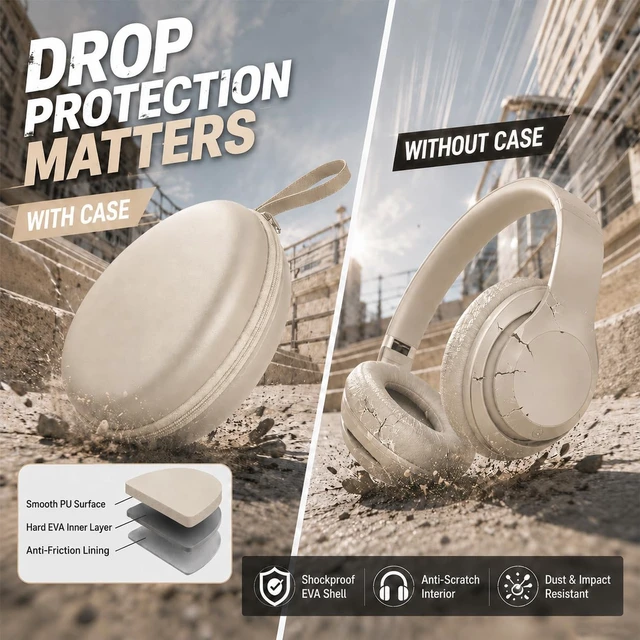 Alt view image 4 of 7 - Hard Headphone Case for JBL/for Sony/for Beats/for Anker for Bose/ for Apple/ for JLab, Elastic Strap, Mesh Pocket, Nylon, Home, Travel, Luggage, Commuting, Case Only, Khaki