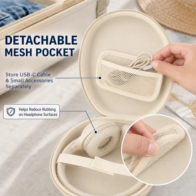 Alt view image 6 of 7 - Hard Headphone Case for JBL/for Sony/for Beats/for Anker for Bose/ for Apple/ for JLab, Elastic Strap, Mesh Pocket, Nylon, Home, Travel, Luggage, Commuting, Case Only, Khaki
