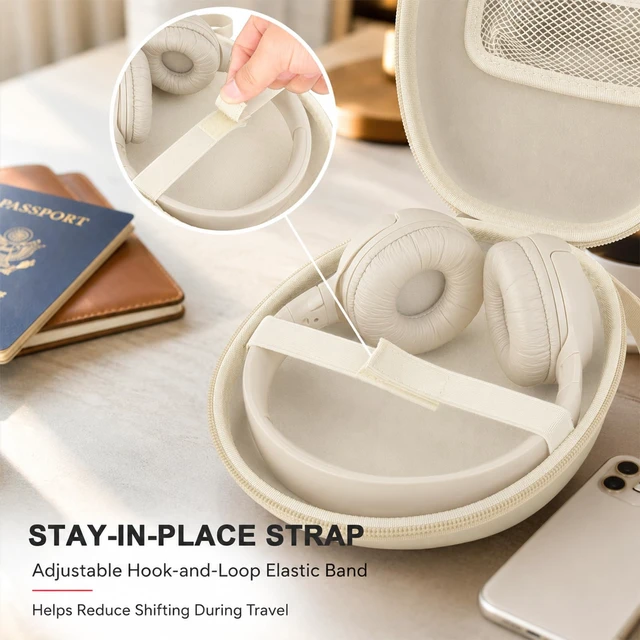 Alt view image 7 of 7 - Hard Headphone Case for JBL/for Sony/for Beats/for Anker for Bose/ for Apple/ for JLab, Elastic Strap, Mesh Pocket, Nylon, Home, Travel, Luggage, Commuting, Case Only, Khaki
