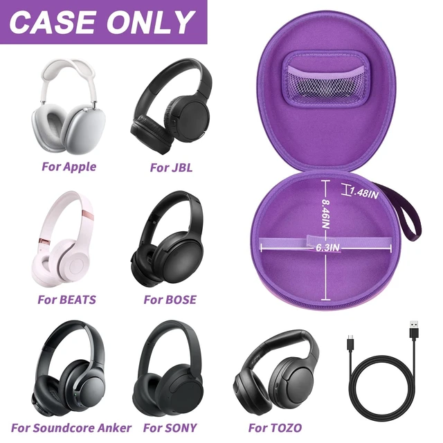 Alt view image 2 of 7 - Hard Headphone Case for JBL/for Sony/for Beats/for Anker for Bose/ for Apple/ for JLab, Elastic Strap, Mesh Pocket, Nylon, Home, Travel, Luggage, Commuting, Case Only, Purple