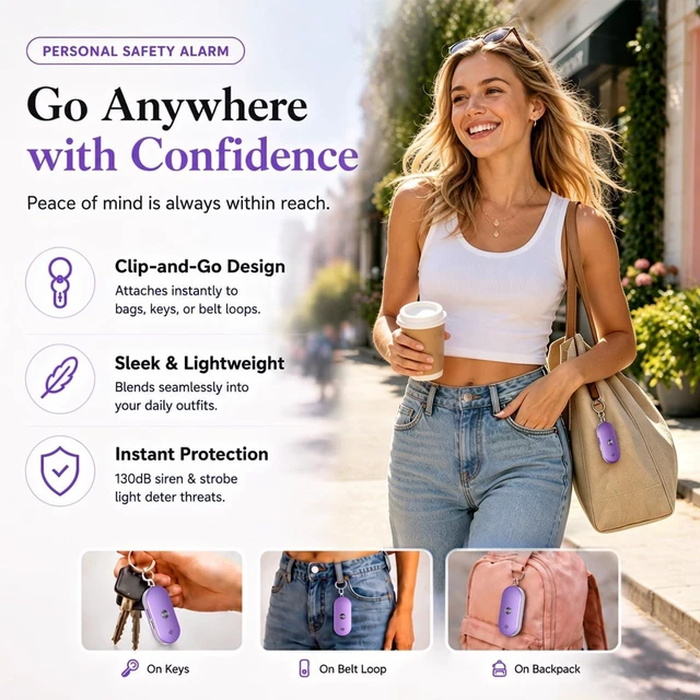 Alt view image 3 of 7 - Personal Safety Alarm for Women, 130dB Rechargeable Keychain Alarm with Bluetooth SOS Alerts, Dual Speakers, Strobe Light, Low Battery Reminder, USB-C Emergency Siren for Travel(Purple)