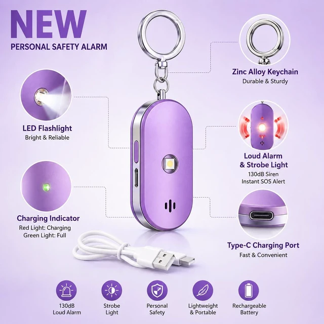 Alt view image 6 of 7 - Personal Safety Alarm for Women, 130dB Rechargeable Keychain Alarm with Bluetooth SOS Alerts, Dual Speakers, Strobe Light, Low Battery Reminder, USB-C Emergency Siren for Travel(Purple)