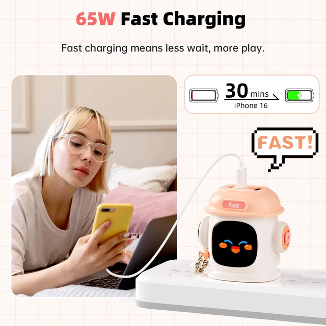 Alt view image 2 of 7 - Dipow 65W USB-C GaN Charger with Pixel Display, Foldable, Pink Compact Power Adapter for iPhone, Galaxy, Pixel, MacBook Air & iPad