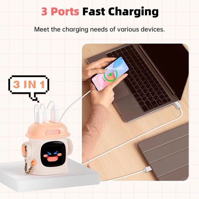 Alt view image 3 of 7 - Dipow 65W USB-C GaN Charger with Pixel Display, Foldable, Pink Compact Power Adapter for iPhone, Galaxy, Pixel, MacBook Air & iPad