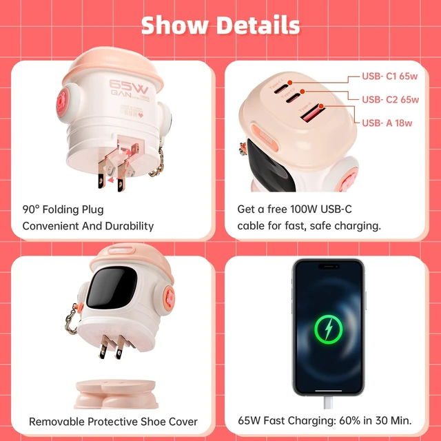 Alt view image 6 of 7 - Dipow 65W USB-C GaN Charger with Pixel Display, Foldable, Pink Compact Power Adapter for iPhone, Galaxy, Pixel, MacBook Air & iPad