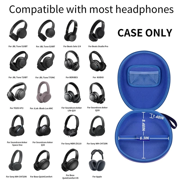 Alt view image 2 of 7 - Hard Headphone Case for JBL/for Sony/for Beats/for Anker for Bose/ for Apple/ for JLab, Elastic Strap, Mesh Pocket, Nylon, Home, Travel, Luggage, Commuting, Case Only, Blue