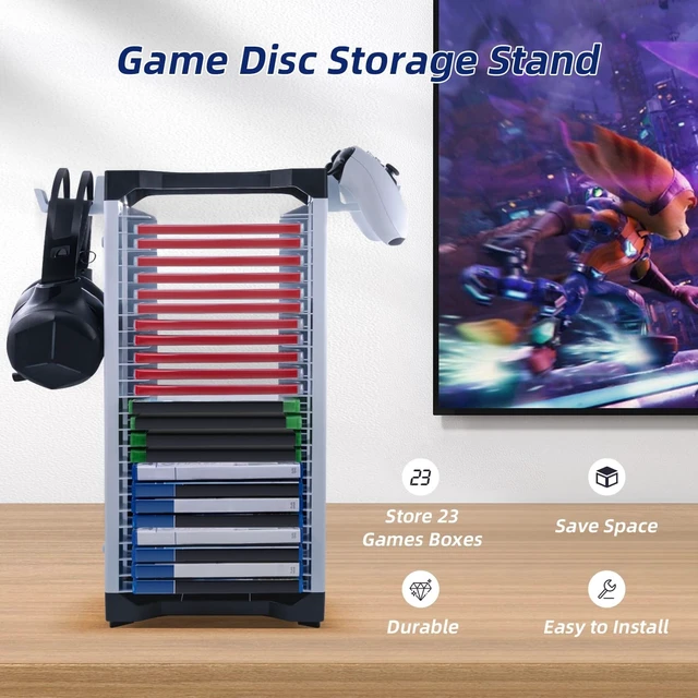 Alt view image 2 of 7 - Video Game Storage Stand Tower for PS5/PS4/NS Switch/Switch2/Xbox, Video Game Disk Storage & Controller Headset Holder Kit, Game Disc Holder Vertical Stand Organizer Tower