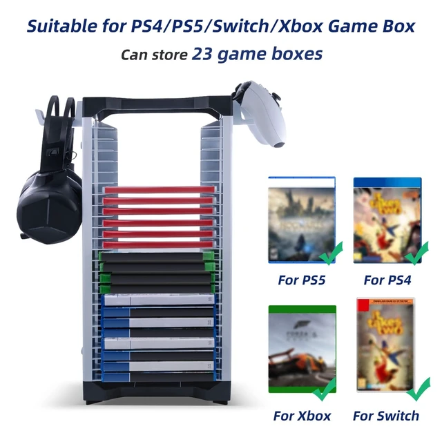 Alt view image 4 of 7 - Video Game Storage Stand Tower for PS5/PS4/NS Switch/Switch2/Xbox, Video Game Disk Storage & Controller Headset Holder Kit, Game Disc Holder Vertical Stand Organizer Tower