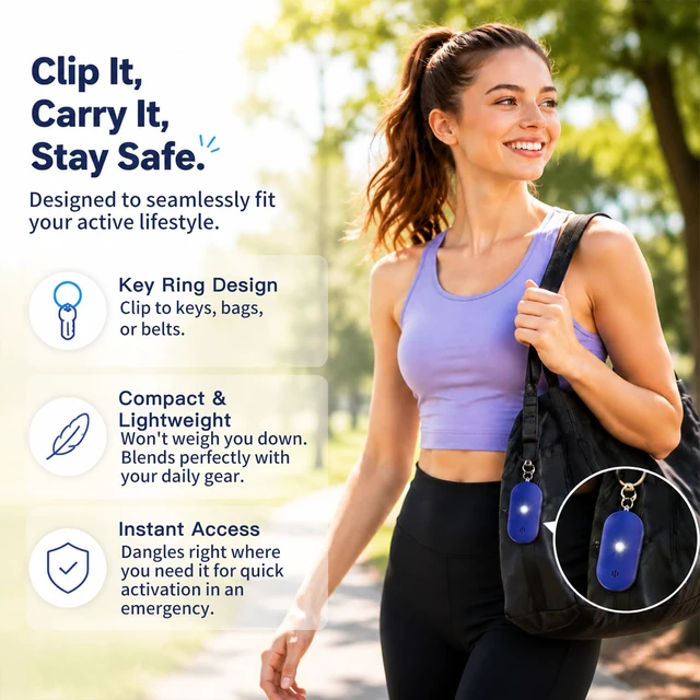 Alt view image 2 of 7 - Personal Safety Alarm for Women, 130dB Rechargeable Keychain Alarm with Bluetooth SOS, Dual Speakers, LED Strobe, USB-C Charging, Low Power Reminder for Campus, Walking, Travel, (Blue)