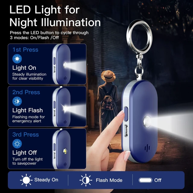 Alt view image 6 of 7 - Personal Safety Alarm for Women, 130dB Rechargeable Keychain Alarm with Bluetooth SOS, Dual Speakers, LED Strobe, USB-C Charging, Low Power Reminder for Campus, Walking, Travel, (Blue)