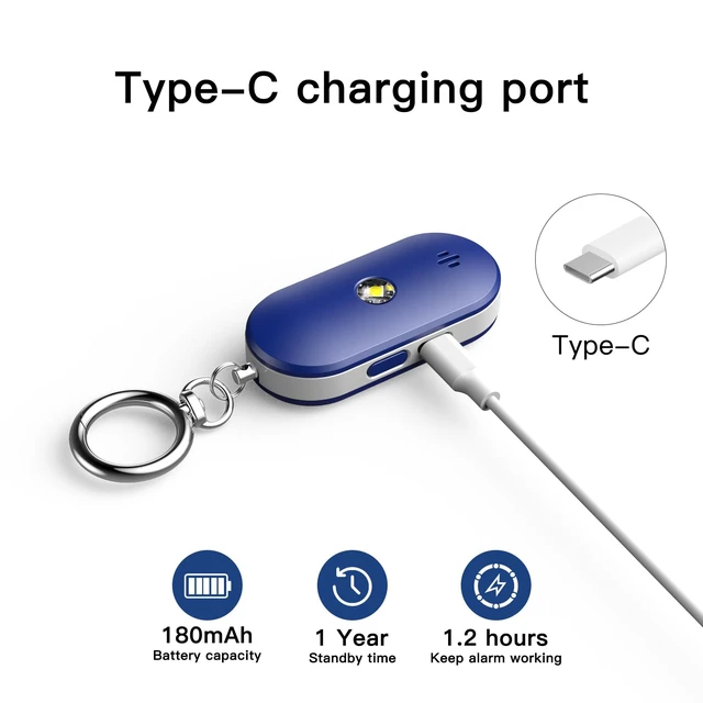 Alt view image 7 of 7 - Personal Safety Alarm for Women, 130dB Rechargeable Keychain Alarm with Bluetooth SOS, Dual Speakers, LED Strobe, USB-C Charging, Low Power Reminder for Campus, Walking, Travel, (Blue)