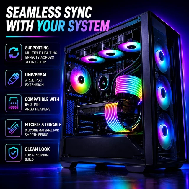 Alt view image 5 of 7 - Osprey ARGB PSU Cable Cover, 24-Pin ATX, 108 LED ARGB, 5V 3-Pin, Black Flexible cover,organize and cover visible power wiring,striking RGB lighting feature inside your PC case,three clip types